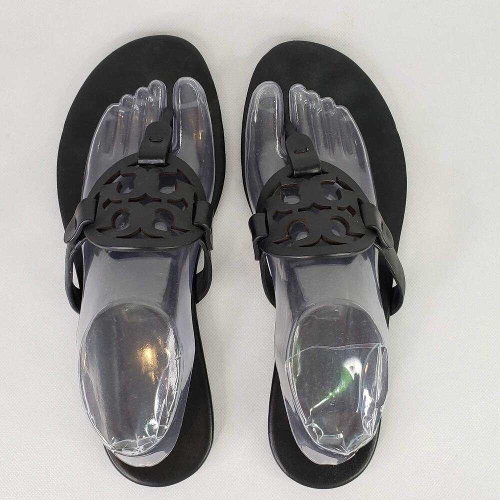 Tory Burch Miller Sandals Womens 9.5 Black Leather Logo Thong Flip Flop Shoes - Picture 2 of 10